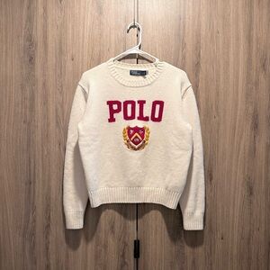 Polo Ralph Lauren Wool Cream Red Spellout Logo Crest Sweater Size M